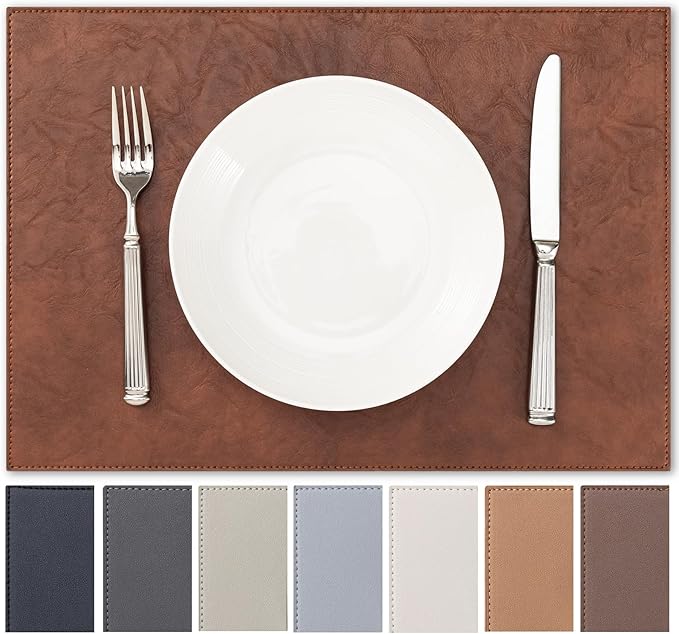 Faux Leather Placemats Set of 6 Vinyl Washable Wipeable Table Mats for Kitchen Dining Table Heat Resistant Waterproof Indoor/Outdoor Placemats Non-Slip Easy Clean Place Mats (Reddish Brown)
