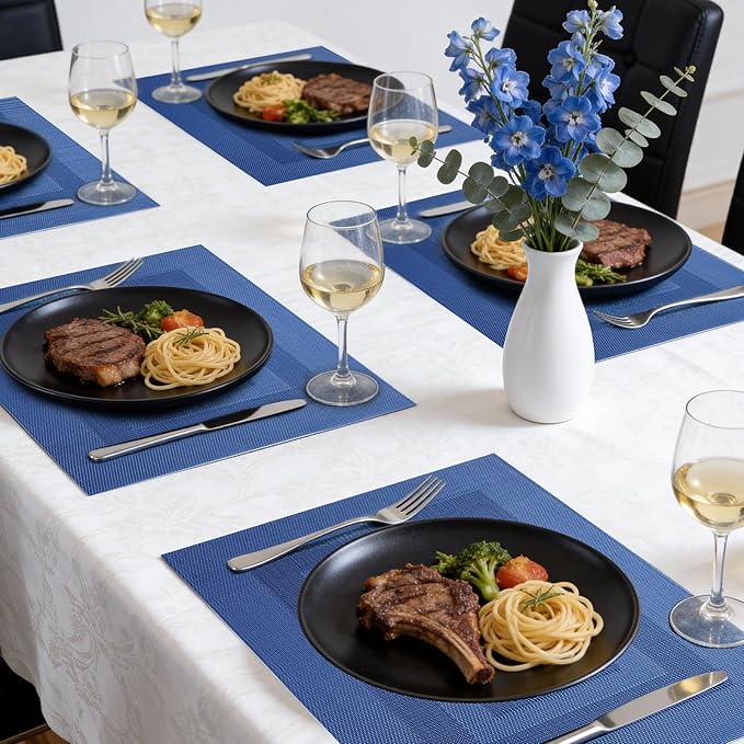 Timeet Blue Placemats Set of 6, Heat Resistant Non-Slip Place Mats, Durable Washable PVC Vinyl Woven Table Mats, Wipeable Placemats for Dining Table Easy to Clean