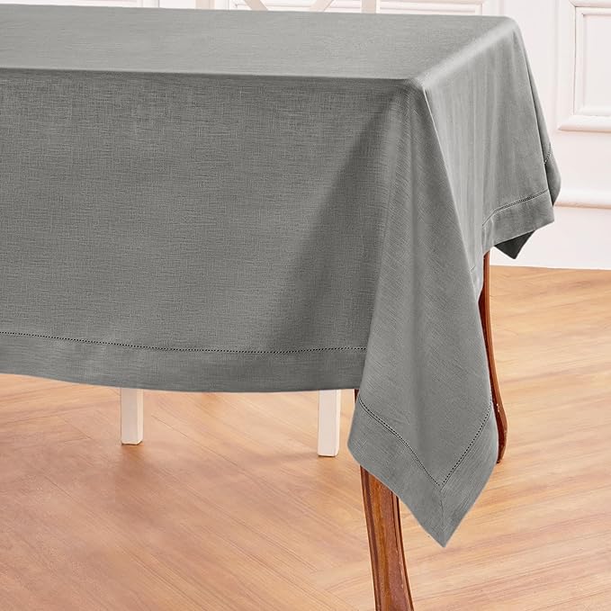 Solino Home Linen Tablecloth 60 x 90 Inch - Classic Hemstitch 100% Pure Linen Steel Gray Table Cloth for Rectangle Tables - Machine Washable Tablecloth for Spring
