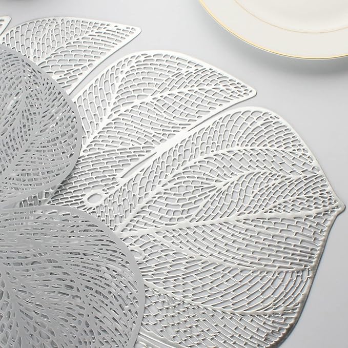 Evevda Silver Leaf Shaped Vinyl Placemats for Dinner Table Set of 6 Metallic Plastic Place Mats Wipeable 6Pcs Table Mats for Wedding Annersary Dinner Table Decoration Mats(17.7x13.8inch/45x35cm)