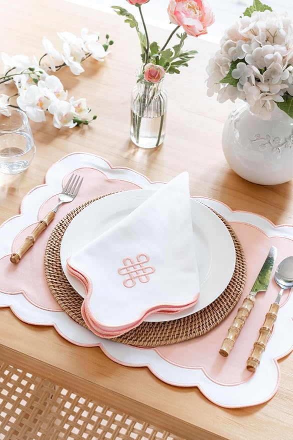 Hofdeco Premium Coastal Patio Indoor Outdoor Placemat Set of 4, 14"x19" Double-Layered, Waterproof Cloth Placemat for Kitchen or Dining Table. Blush Pink Embroidered Solid B