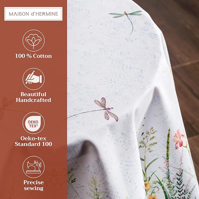 Maison d' Hermine Table Cloth Round Table 100% Cotton 63 Round Inches Tablecloth Reusable Decorative for Dining Room Farmhouse Home Valentines Day Decorations Spring Summer - Fleurs De Mai