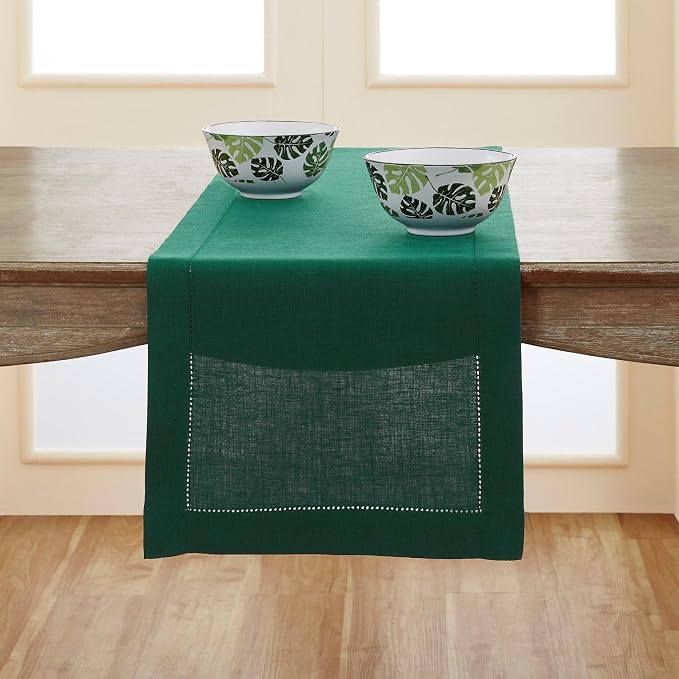 Solino Home 100% Pure Linen Table Runner Rainforest Hemstitch, 14 x 108 in | by SolinoHome