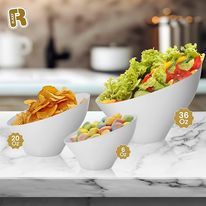 R-kay 6 Pack Angled White Candy Bowls - Plastic bowls 20 Oz - Premium Plastic Serving Bowls Disposable Heavy Duty For Weddings Catering, parties, And All Occasions (White, Medium)