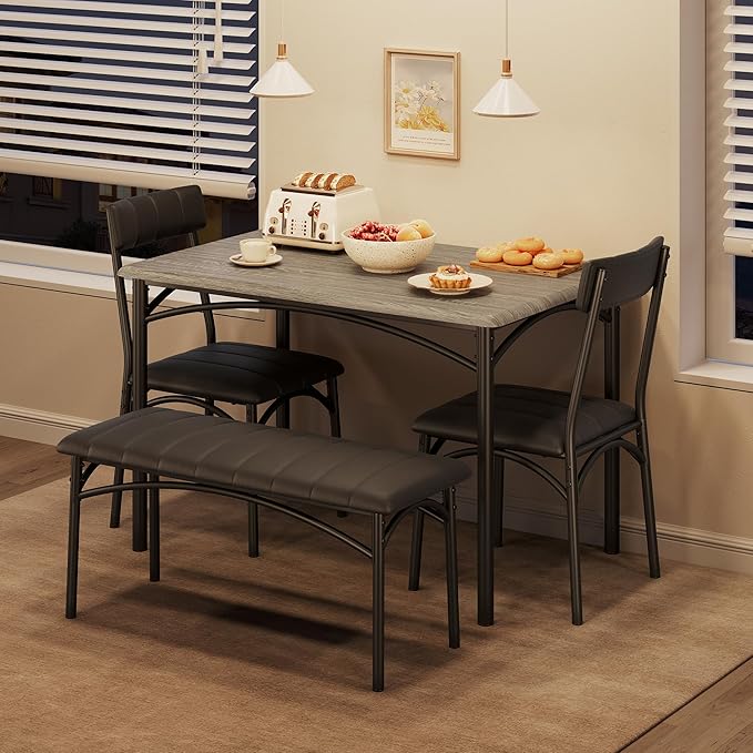4-Piece Small Dining Table Set – Wood Table with 2 Upholstered Chairs & Bench, Space-Saving Retro Kitchen Dining Set for Small Apartment/Dining Room, Gray