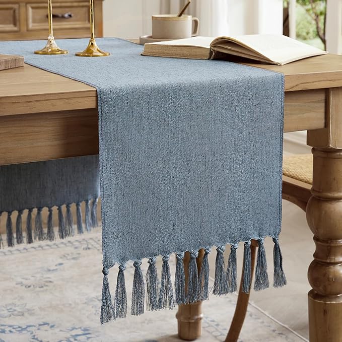 Cotton Linen Table Runner, 13x108 Inch, Dusty Blue by Aoztio