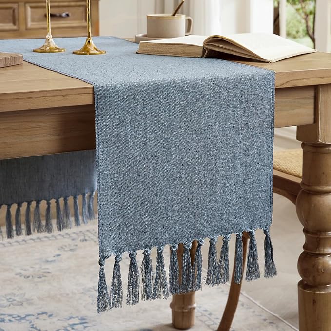 Cotton Linen Table Runner, 13x90 Inch, Dusty Blue by Aoztio