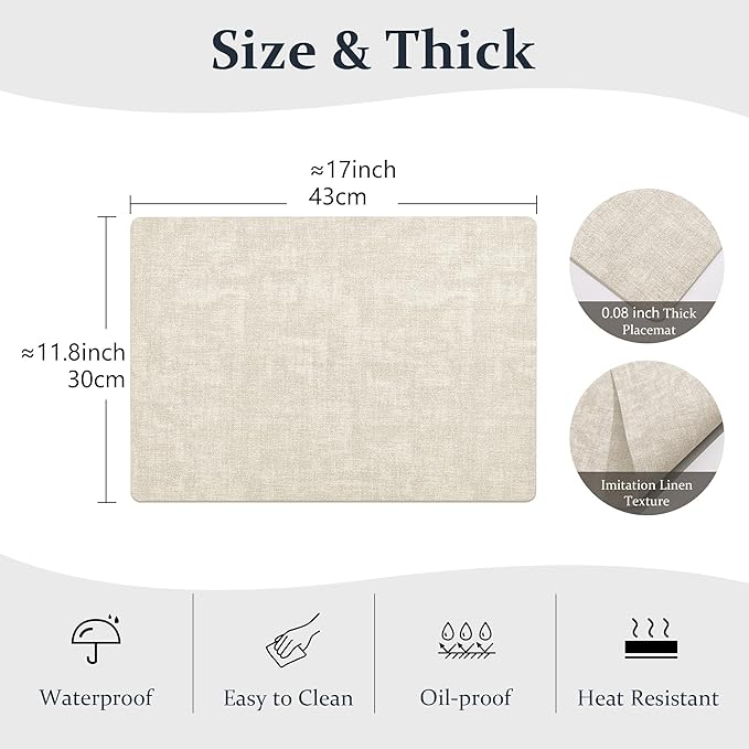 FROMHEART Faux Leather Placemats Set of 4–Waterproof,Heat/Oil Stain-Resistant PU Table Mat–Reversible,Non-Slip,Easy to Clean Place Mats for Kitchen,Dining,Indoor/Outdoor,(Beige,11.8" x 17")