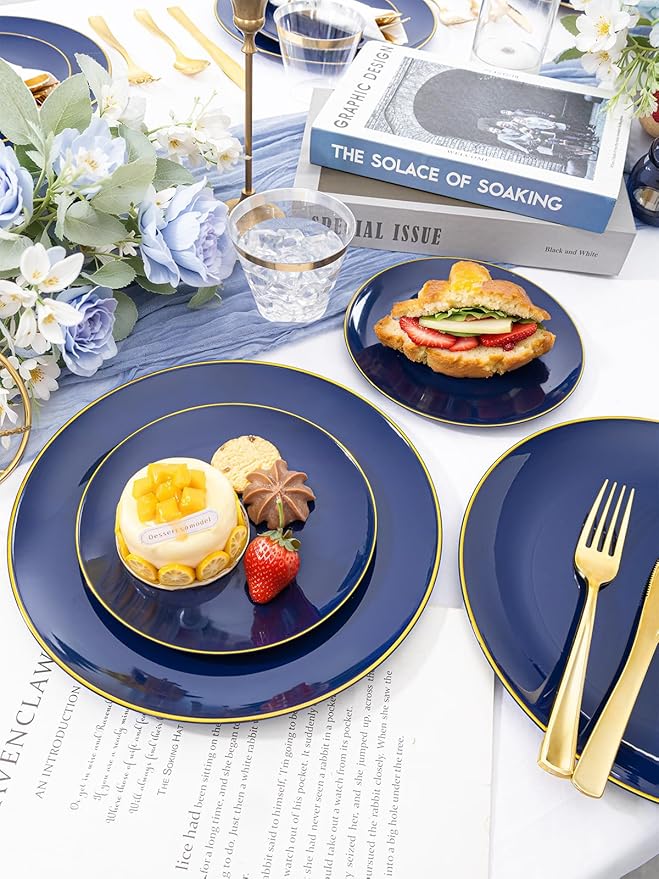 WDF 300PCS Navy Blue Plates Disposable - Blue Plastic Plates 50guest Heavy Duty Plastic Dinnerware Sets for Party/Wedding/Birthday