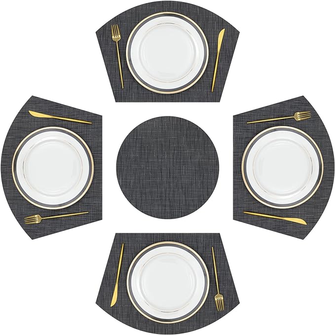 SHACOS Large Size Wedge Placemats with Centerpiece Round Mat Set of 5 Round Table Place Mats Washable Dining Table Placemats Reversible Durable, Black Gray