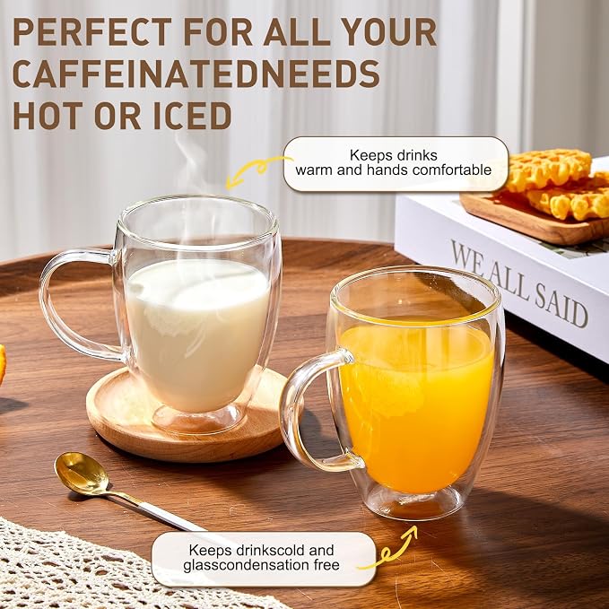 4-Pack 12 Oz Double Walled Glass Coffee Mugs - Image 4