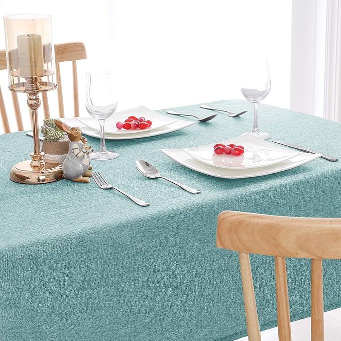 Hiasan Faux Linen Rectangle Tablecloth - Wrinkle and Stain Resistant Washable Table Cloth for Kitchen Dining Room Holiday Table Cover for Party Dinner, Aqua, 60 x 102 Inch