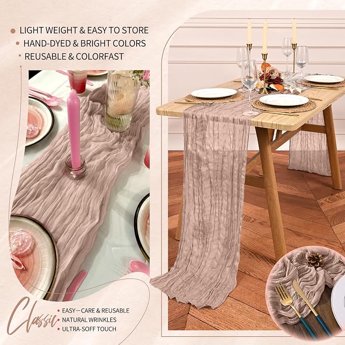 Showgeous 2 Pack Dusty Pink Cheesecloth Table Runners Boho Wedding Decor | - Image 5