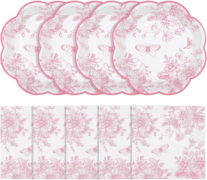 50 Pcs Pink Floral Plates and Napkins, Bridal Baby Showe by NatNarr