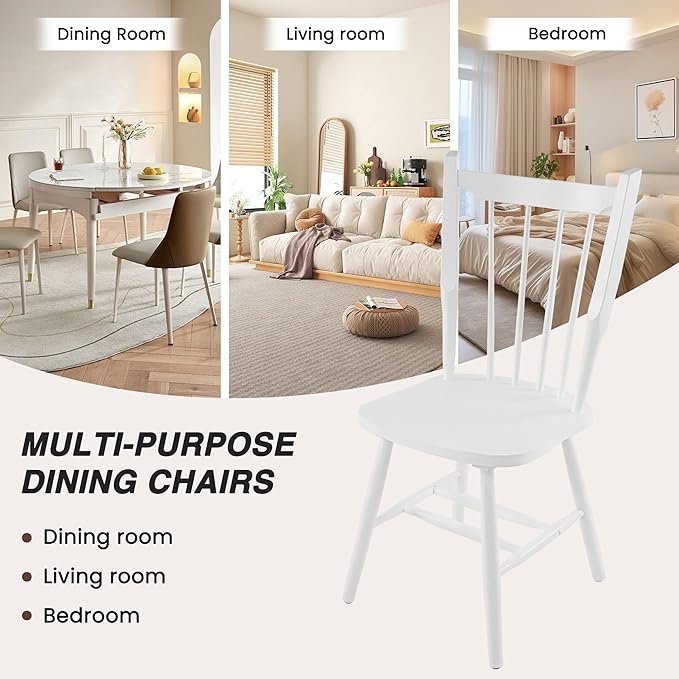 HNY White Windsor Dining Chairs Set of 6, Farmhouse Wooden Kitchen Chairs with Spindle Back, Mid Century Modern Armless Kitchen Side Chair for Dining Living Room Restaurant