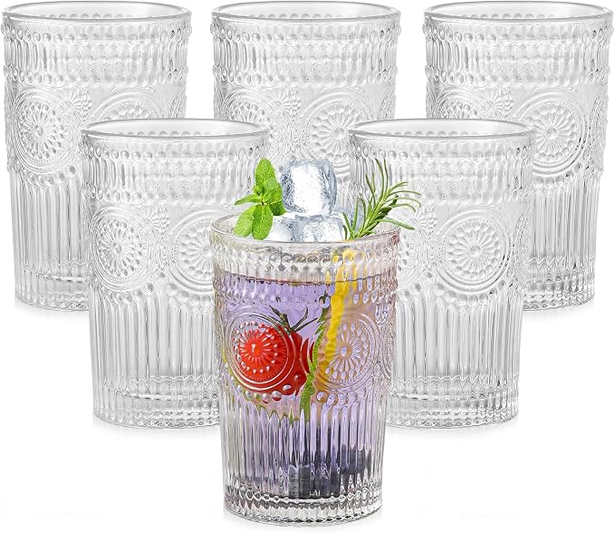 ZMOWIPDL Drinking Glasses Set of 6, 13oz Flower Design Clear Glass Cups | by ZMOWIPDL