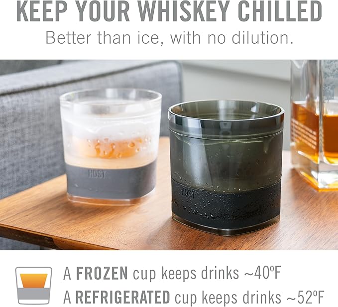 Host Whiskey Freeze Glasses, Double Old Fashioned Glasses, Chill Without Dilution for Brandy, Vodka, Gin, Rum, and Cold Brew Cocktails, Bourbon Gifts for Men, Home Bar, 9 oz, Set of 2, Grey