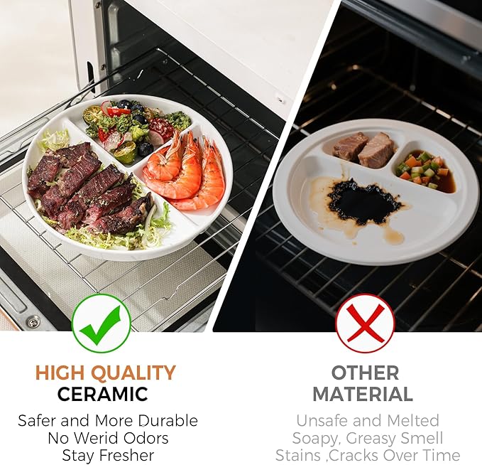 8" Ceramic Divided Plates Set - 4Pcs, Portion Control Plate, Bariatric Plate for Kids Adults, 3 Compartment Plates, Dinner Plates for Balanced Meal, Oven, Dishwasher Safe, White