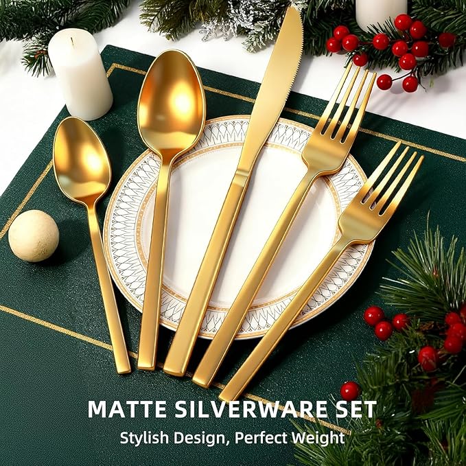 20pcs Matte Gold Cuboid Silverware, Stainless Steel Flatware Set, Service for 4, Forged Cutlery Set, Dishwasher Safe