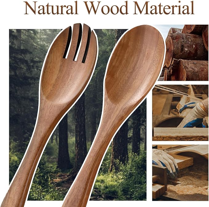 Acacia Wood Salad Server Set, Serving Utensils 10.4 Inch | Wooden Spoon and - Image 3