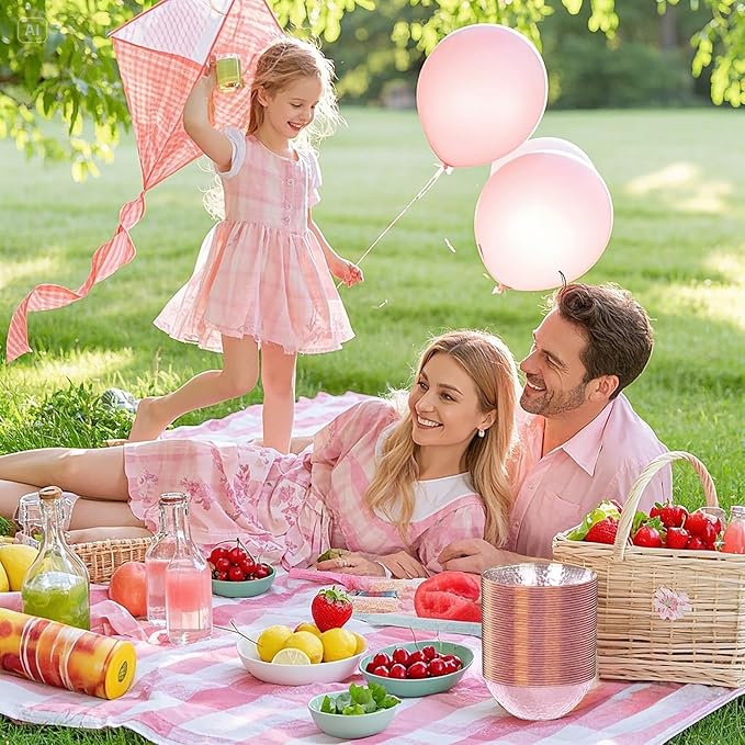 I00000 50 Pack 12 Ounce Pink Plastic Bowls Serving Bowls Hammered Clear Bowl with Gold Rimmed, Heavy Duty Disposable Bowl Set,Small Bowls for Valentine's Day Party