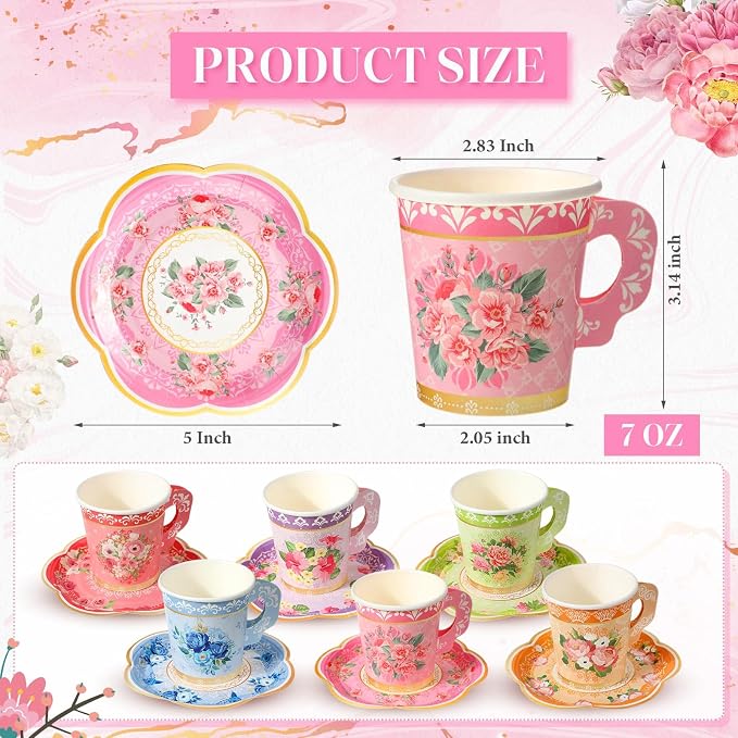 Nuogo 300 Pcs Floral Paper Tea Cups and Saucers 7 OZ Disposable Cups - Image 2