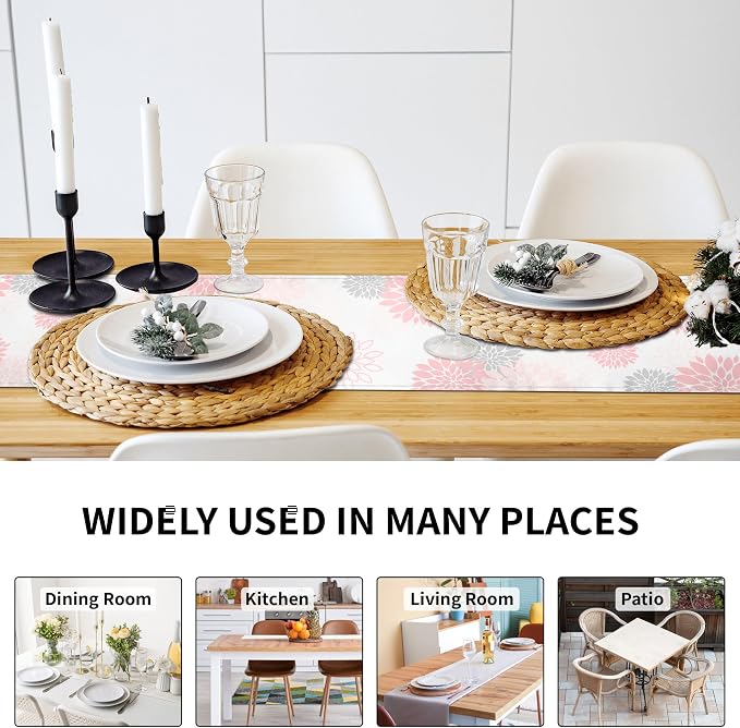 Dahlia Flower Table Runner 13x71 Inch Farmhouse Pink Gray Runners Modern Table - Image 7