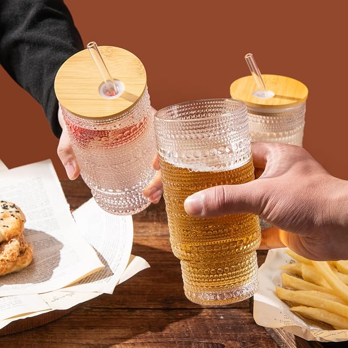 Drinking Glasses with Bamboo Lids and Glass Straw 4pcs Set, 16oz Glass Tumbler - Image 4