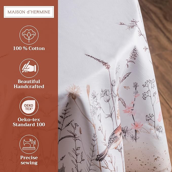 Maison d' Hermine Table Cloth Round Table 100% Cotton 69 Round Inches Tablecloth Reusable Decorative for Dining Room Farmhouse Home Valentines Day Decorations Spring Summer - Meadow Florals - Brown
