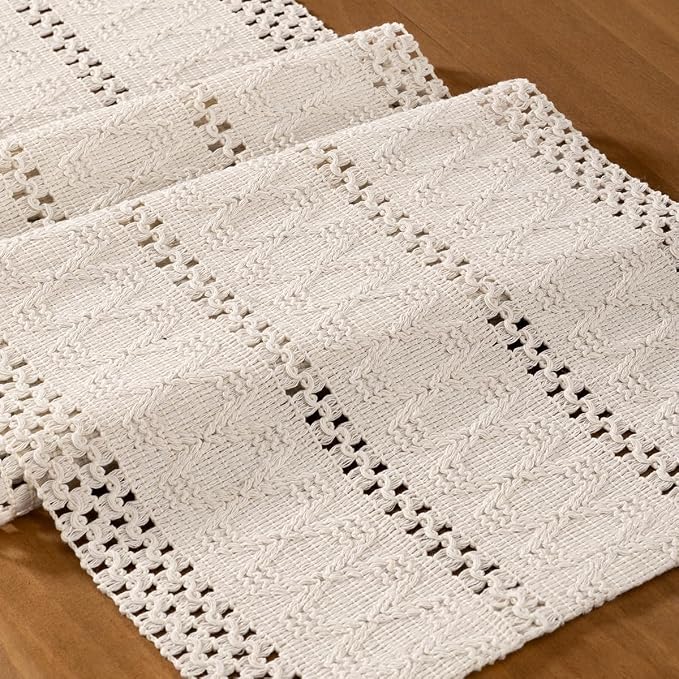 Ivory Boho Table Runner Farmhouse Macrame Woven Table Runner 12x60 Inch | Small by MLMC