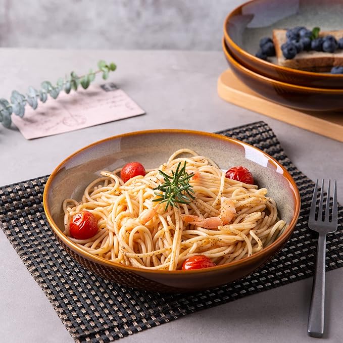 LERATIO Large Pasta Bowls,38oz Ceramic Pasta Bowls,9.0" Reactive Glaze Pasta Bowl Set of 6,Microwave & Dishwasher,Oven Safe,Wide Serving Bowls for Salad,Pasta,Fruit,Scratch Resistant-Khaki