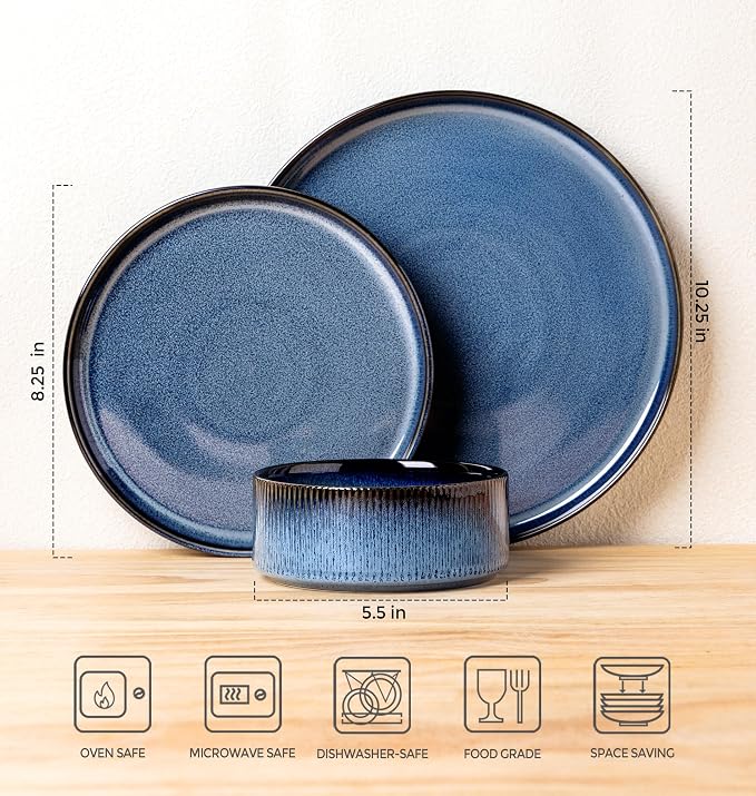 Ceramic Dinnerware Set for 4, 12-Piece Plates and Bowls Set | Lightweight - Image 2