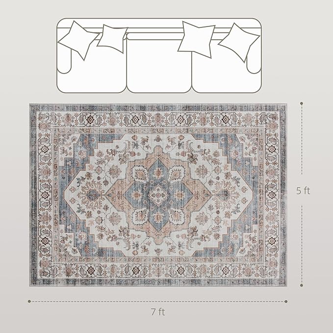 HOMCOM Washable Area Rug, 5'x7' Vintage Indoor Distressed Carpet, Retro Floor Cover Foldable, Floral Print Mat for Living Room, Bedroom, Dining Room, Brown and Light Blue