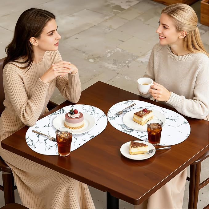 Placemats Set of 6, 11.8 x 17 Inch, Marble | Heat Resistant Oval Faux Leather - Image 6