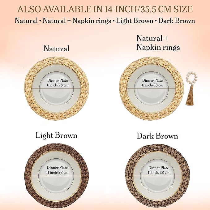 Round Woven Placemats Set of 6 (15 Inch) with Napkin Rings & Canvas Bag – Water Hyacinth Boho Farmhouse Table Mats, Heat Resistant Natural Wicker Chargers for Dining Table Decor by DECHUSE