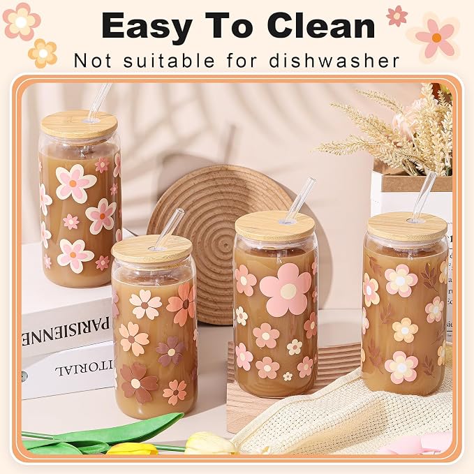 Mumufy 4 Pack Wildflower Glass Cups Gift Aesthetic Cute Glass Cup Tumbler - Image 4