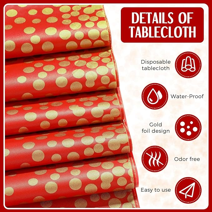 Breling 24 Pack Red and Gold Disposable Plastic Tablecloths and Satin Table Runner Set, 54 x 108 Inch Tablecloth, 12 x 108 Inch Table Runners for Wedding Graduation Birthday Baby Shower New Year