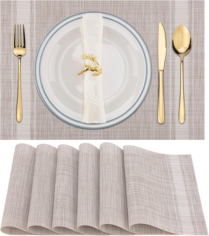 Winknowl Placemats Set of 6, Heat Resistant Non-Slip Vinyl Woven Table Mats for Dining Table, Washable Durable Elegant Place Mats for Kitchen Indoor/Outdoor Use (Beige White)