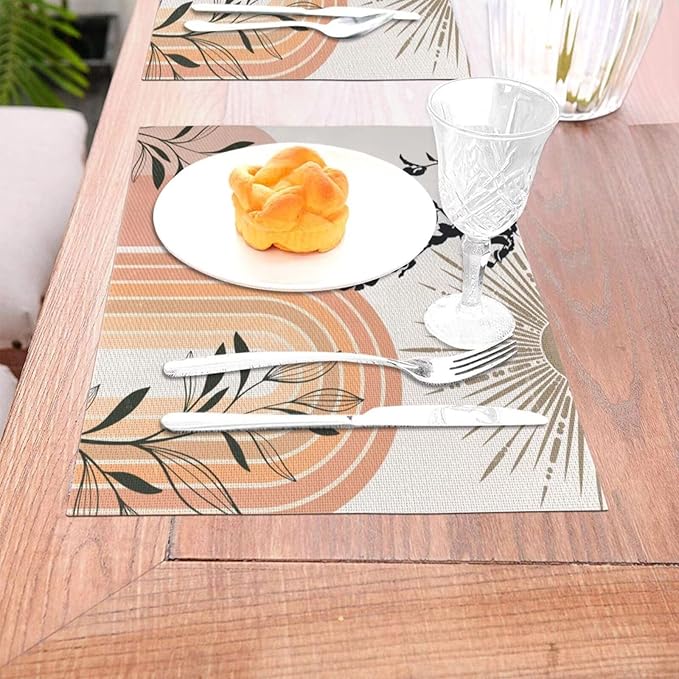 Mid Century Abstract Boho Placemats Geometric Leaf Sun Minimalist Modern Cafe Washable Place Mats 12x18Inch for Dining Kitchen Farmhouse Decor 6 PCS