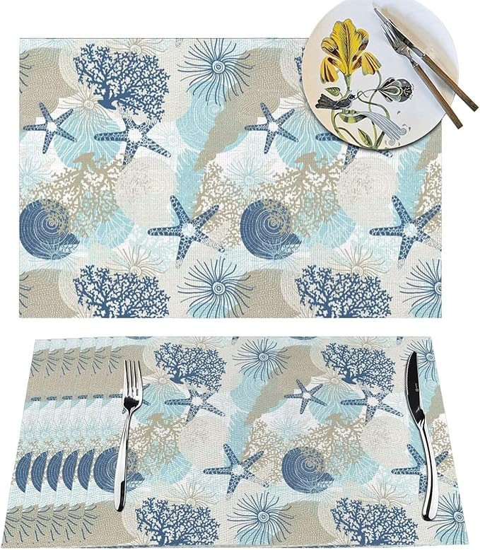Placemats Set of 6 Aqua Blue Nautical Place Mats Coastal Beach Theme Coral Starfish Woven Table Mats Washable Blue Coral PVC Placemat for Dining Kitchen Decor Indoor Outdoor, 12 x 18 Inch