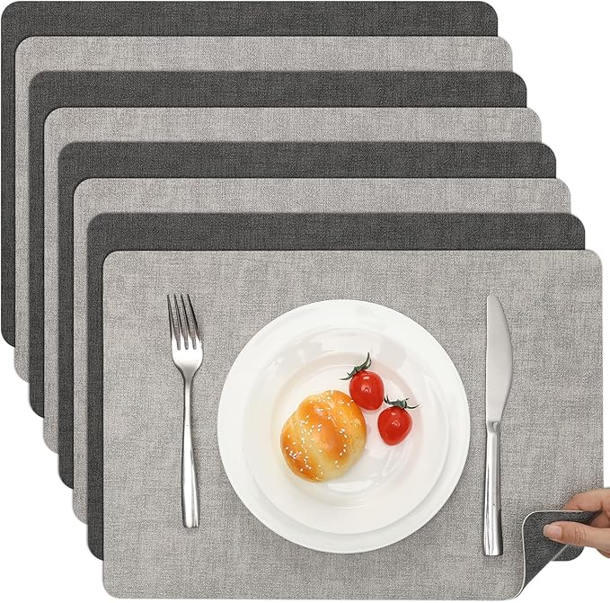 Myir JUN Reversible Vinyl Placemats Set of 8, Faux Leather Place Mats Dual Sided Waterproof Oilproof Wipeable, Heat-Resistant Table Mats for Kitchen Dining Indoor Outdoor (12" x 17", Light Gray Gray)