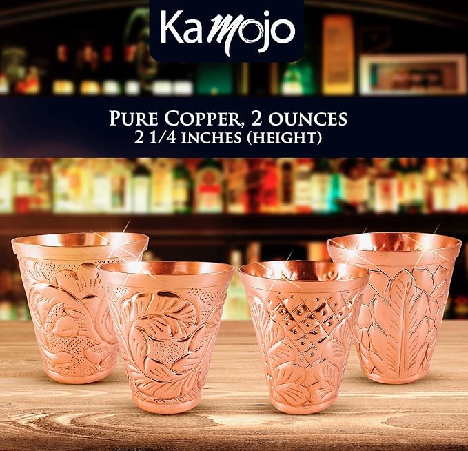 Pure Copper Shot Glasses (Set of 4) - Moscow Mule Drinking Shot Glass for Home, Kitchen, Bar - Barware Drinking Glass for Tequila Vodka Cocktail Shooters - Custom Embossed Metal Drinkware Gift