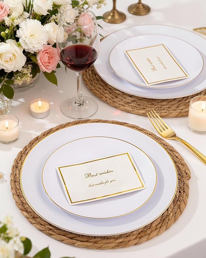 Nervure 100Pieces White with Gold Rim Plastic Plates - 7.5inch Disposable Gold Salad/Dessert Plate - White and Gold Plastic Plates Ideal for Wedding & Party