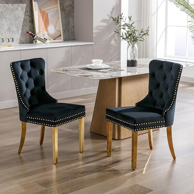 KCC Velvet Dining Chairs Set of 2, Upholstered High-end Tufted Dining Chair with Nailhead Back Ring Pull Trim Stainless Steel Legs, Contemporary Nikki Collection Modern Style for Kitchen, Black