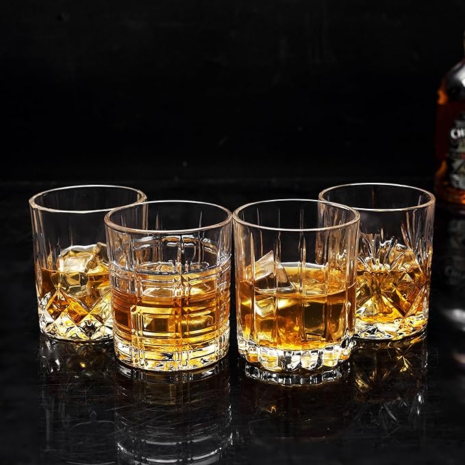 KANARS Whiskey Glasses Set of 4 - Multi Style Crystal Liquor Glasses 10 oz - Rocks Glass Barware For Scotch, Bourbon, Rum and Cocktail, Whisky Gifts for Men Dad Brother Adult