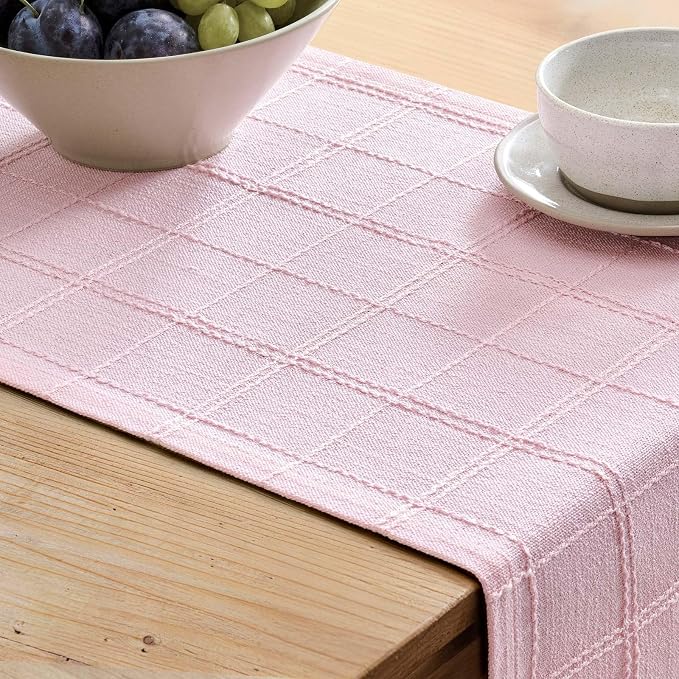 Linen Checked Farmhouse Table Runner, 13x48 Inches Pink | Raised Grid Design - Image 5