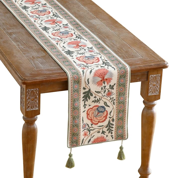 Designer Vintage Linen Extra Long Table Runner, Floral Pattern, Dining Table by Isaennehomedecoration