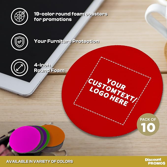 10 Round Foam Bud Coasters Pack, 4 inch - Customizable Text, Logo - PU Foam, Party Favor - Red
