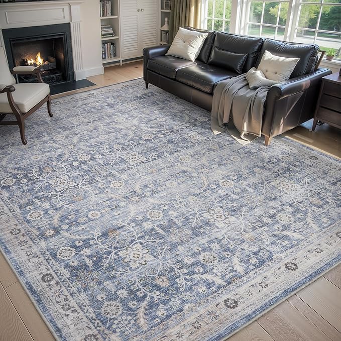 MontVoo-Vintage Area Rugs 8X10 Blue Rugs for Living Room-Soft Distressed Printed Rugs for Bedroom-Non Slip Carpet-Machine Washable Rug for Dining Room Living Room Bedside Office