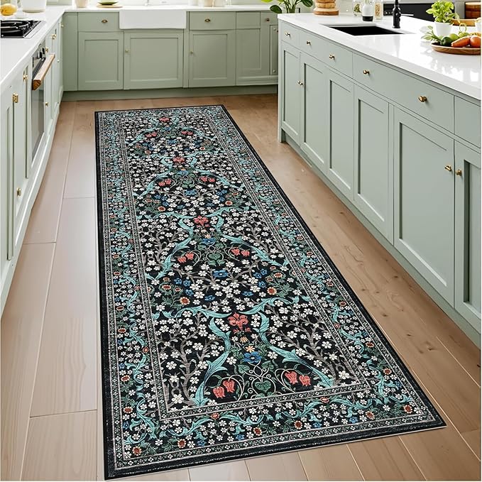GarveeHome Kitchen 2x6 Runner Rug, Floral Washable Rugs for Hallways Non Slip Stain Resistant, Boho Soft Rug Botanical Carpet for Entryway, Laundry Room, Bedroom Floor Mat, Black
